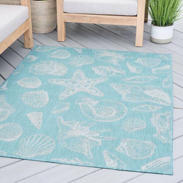 Area Rug Aqua Geometric Lattice Pattern Flatweave Patio Rug