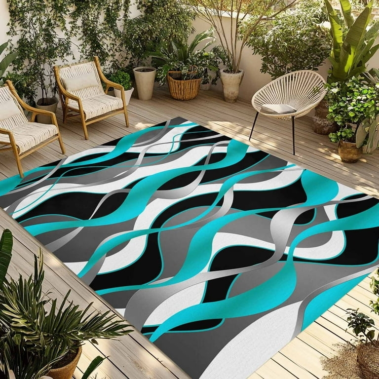 Area Rug Aqua Moire Pattern Wavy Abstract Low Pile Coastal Deck Styling