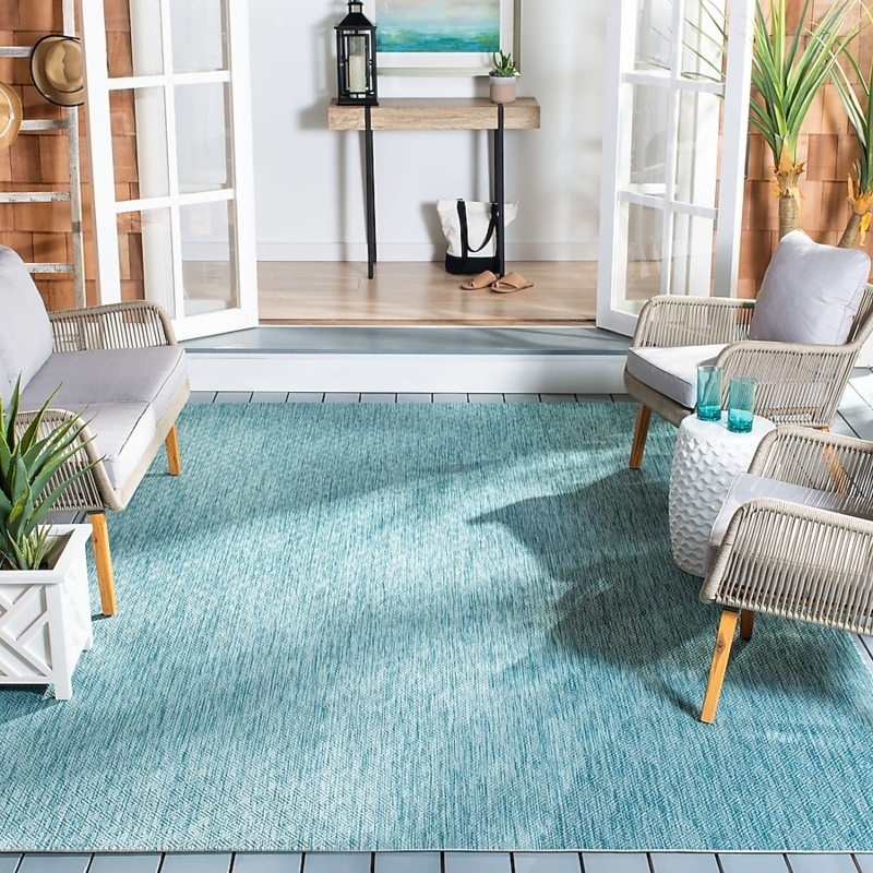 Area Rug Aqua Square Bordered, Coastal Indoor Outdoor Rug