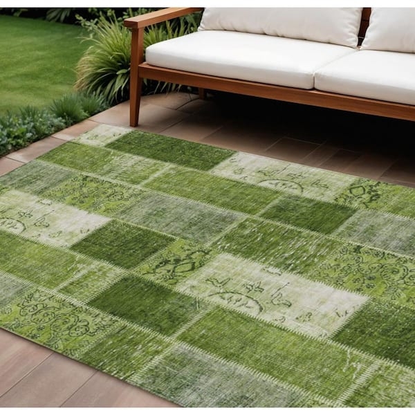 Area Rug Artichoke Green Plaid Pattern Washable Low Pile Patio Mat