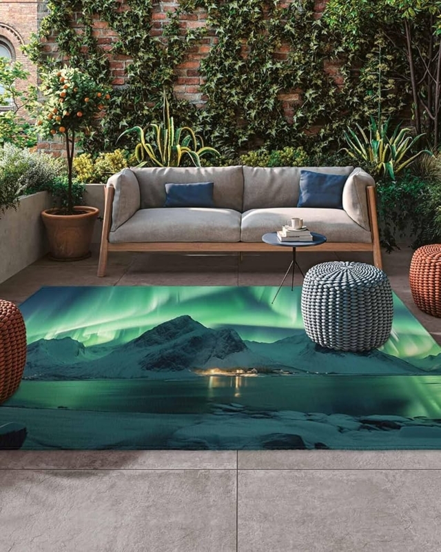 Area Rug, Aurora Borealis Print, Modern Nature Inspired Style, Patio Decor