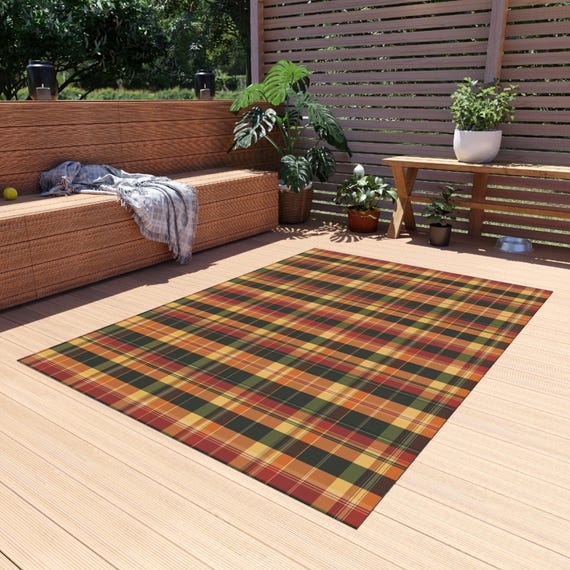 Area Rug Autumnal Tartan Plaid Terracotta and Green Patio