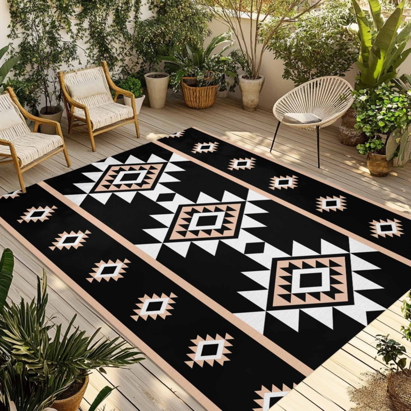Area Rug Aztec Diamond Black White with Fringed Edges