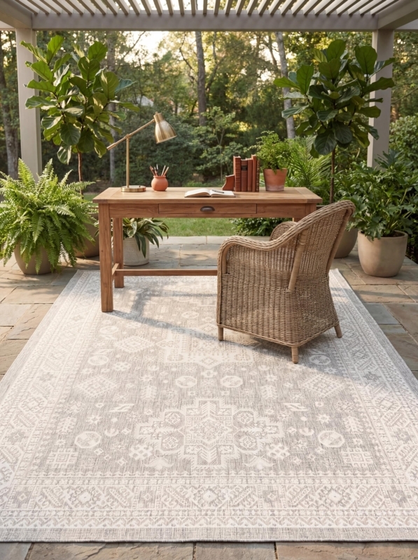 Area Rug, Aztec Geometric Print, Light Gray and Cream, Reversible Look