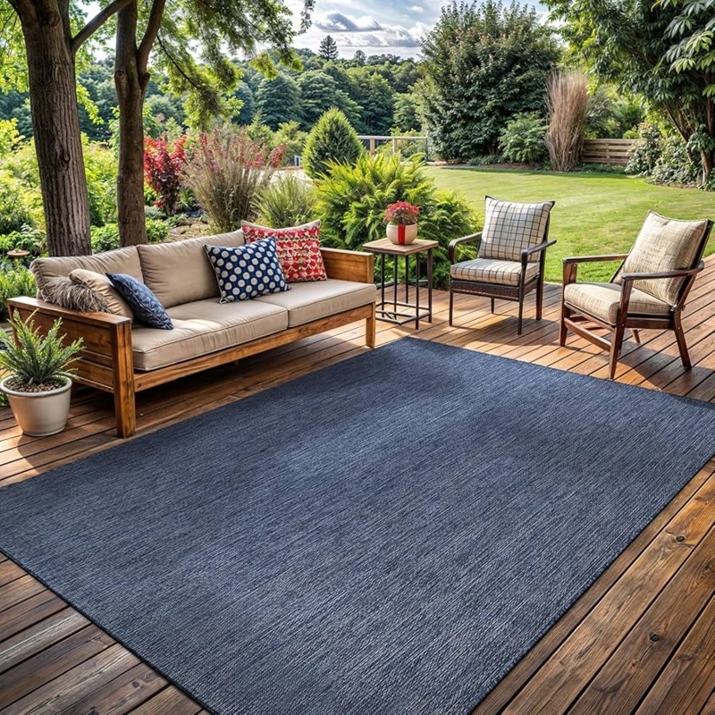 Area Rug Azure Blue Solid Flatwoven Synthetic Fiber For Modern Coastal Deck