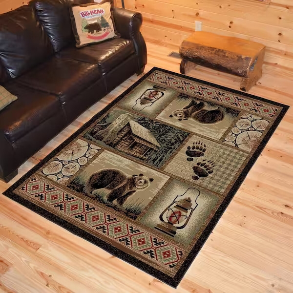 Area Rug Bear Paw Motifs Burgundy Field Border Lodge Style