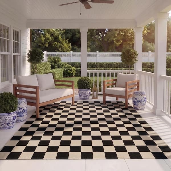 Area Rug Beige Black Windowpane Grid Outdoor Flatweave
