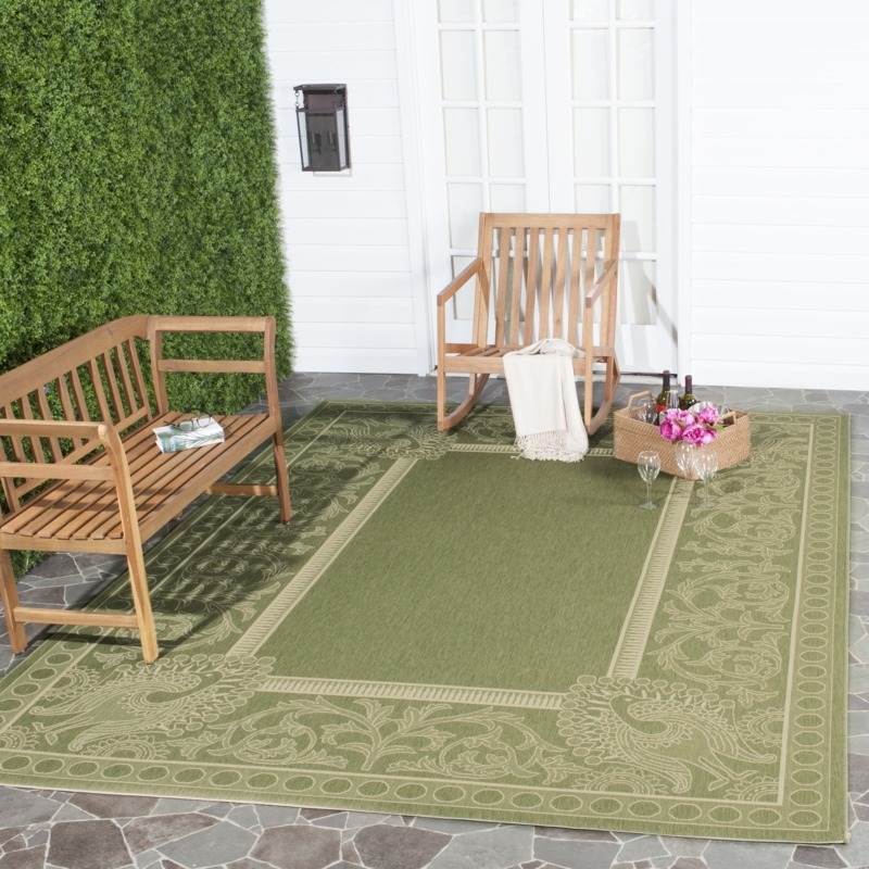 Area Rug Beige Botanical Pattern Contrast Border Patio Mat
