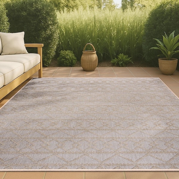 Area Rug Beige Cream High-Low Pile Geometric Trellis