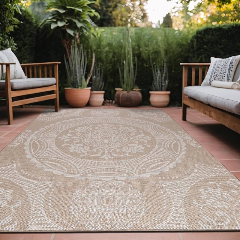 Area Rug Beige Medallion Pattern Bordered Traditional Patio Rug