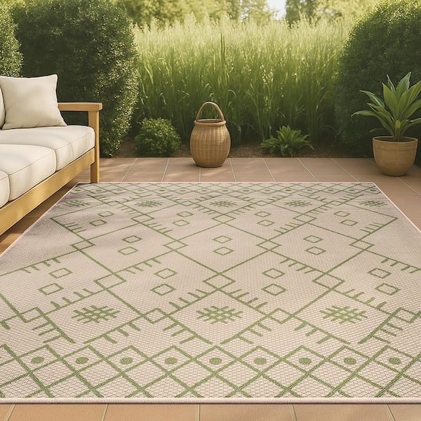 Area Rug Beige Sage Green Moroccan Trellis Pattern Boho Chic Outdoor