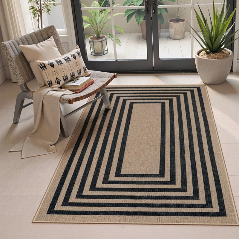 Area Rug Black And Tan Tribal High Contrast Linework Geometric Boho