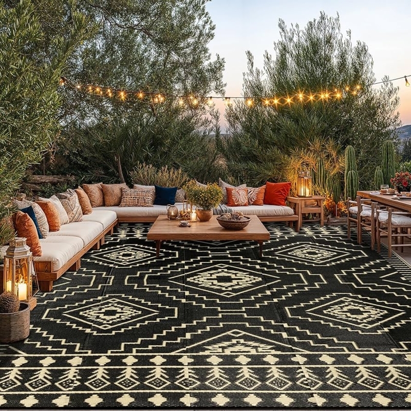 Area Rug: Black and White Plastic Straw Trellis for Patio Lounge