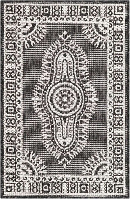 Area Rug: Black and White Traditional Rug with Ornate Fringed Ends