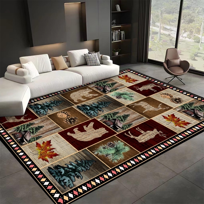 Area Rug Black Bear Border Deer Woodland Scene Forest Green