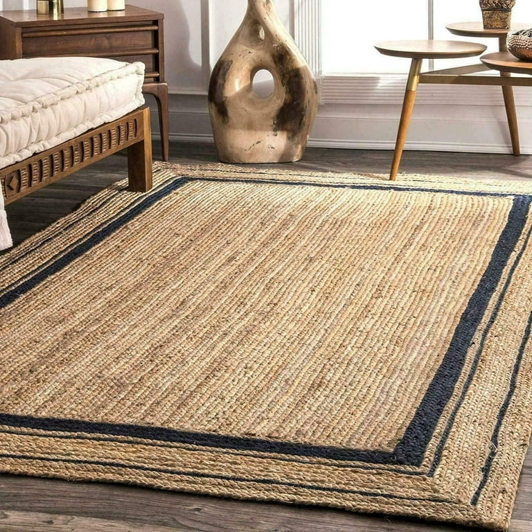 Area Rug Black Contrast Border Chunky Jute Texture Modern Farmhouse