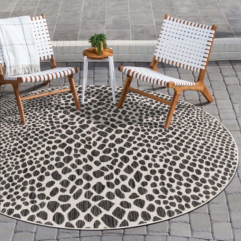 Area Rug Black Cream Concentric Geometric Pattern Round