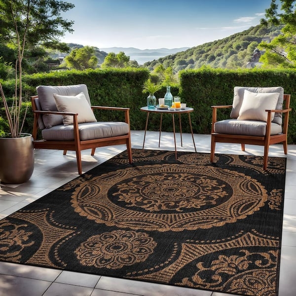 Area Rug Black Gold Contrast Ornate Medallion Outdoor Living Patio