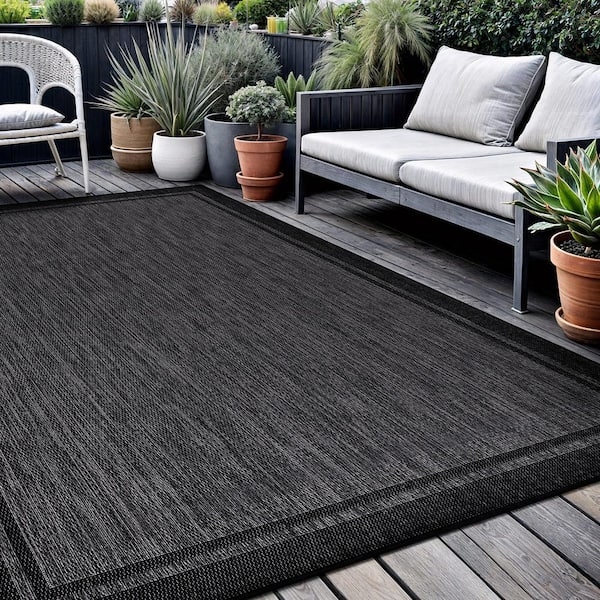 Area Rug Black Gray Bordered Design Thin Grid Flatweave