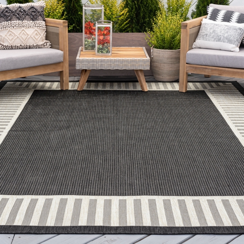 Area Rug Black Striped Border Indoor Outdoor Water Resistant