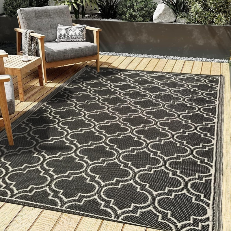 Area Rug Black Trellis Diamond Lattice Geometric Woven Patio Mat