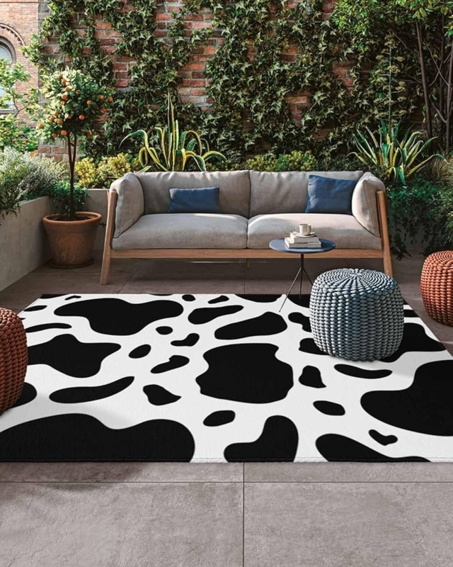 Area Rug Black White Abstract Cow Hide Pattern Outdoor Patio