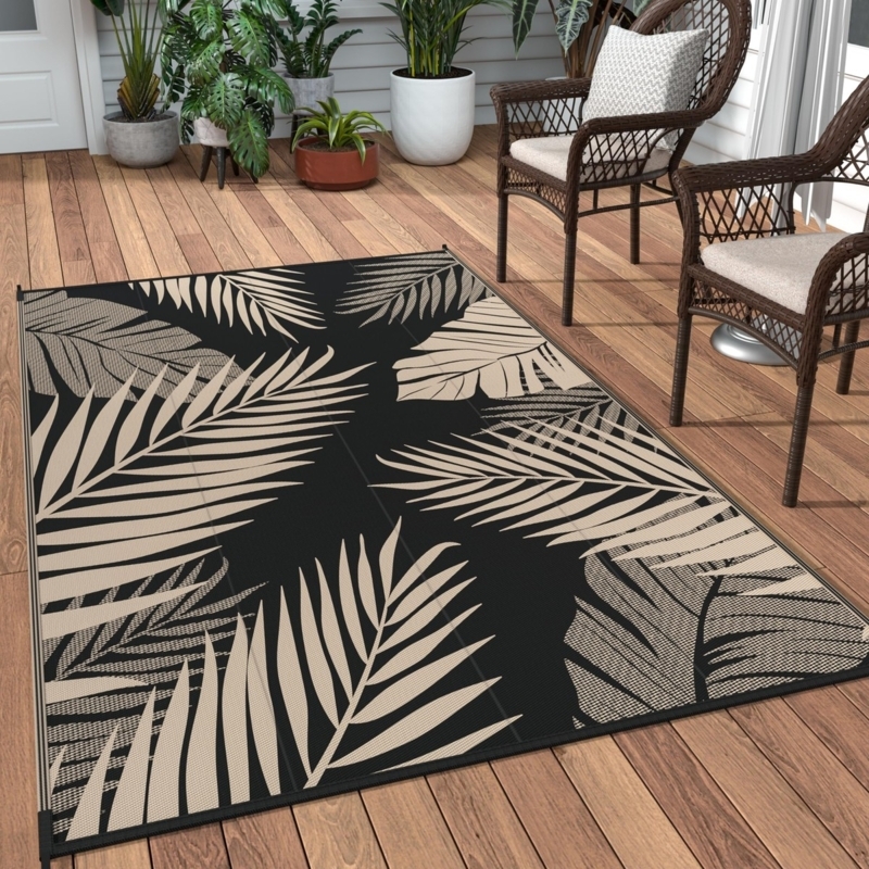 Area Rug Black White Outdoor Interlocking Geometric Reversible Mat