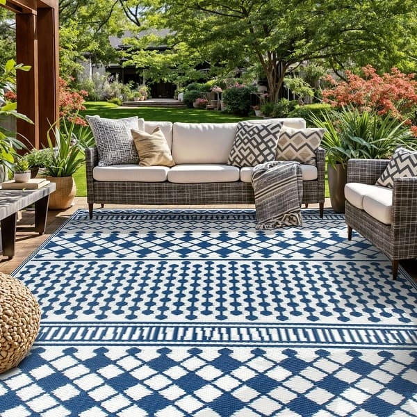 Area Rug Black White Woven Tribal Outdoor Patio Mat