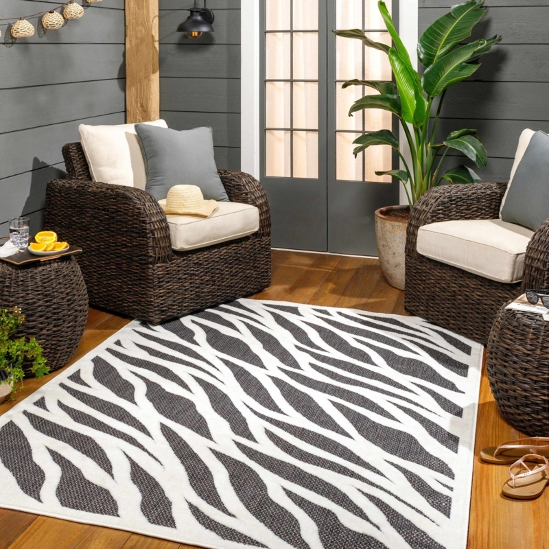 Area Rug Black White Zebra Print Outdoor Flatweave Woven