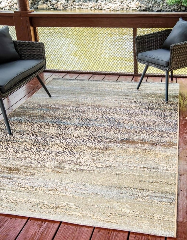 Area Rug: Blue Botanical Pattern, Beige Base, Transitional Room Decor