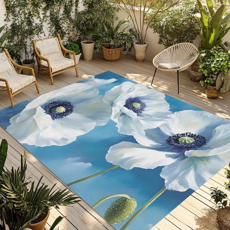 Area Rug Blue Floral Outdoor Dense Botanical Print Coastal Reversible
