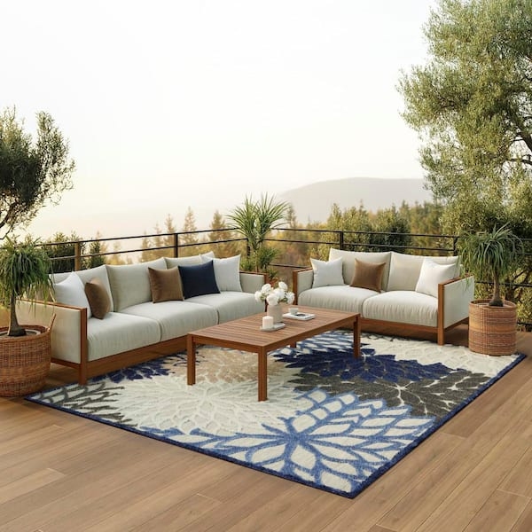 Area Rug Blue Multicolor Oversized Floral Tropical Low Profile