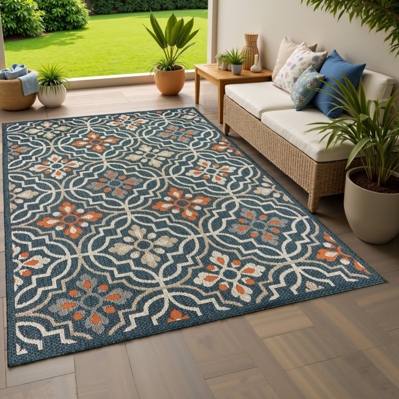 Area Rug Blue Orange Medallion Pattern Transitional Living Room