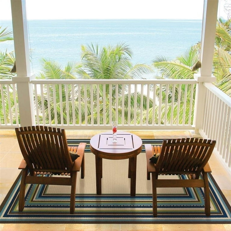 Area Rug Blue Striped Border Coastal Outdoor Balcony Styling