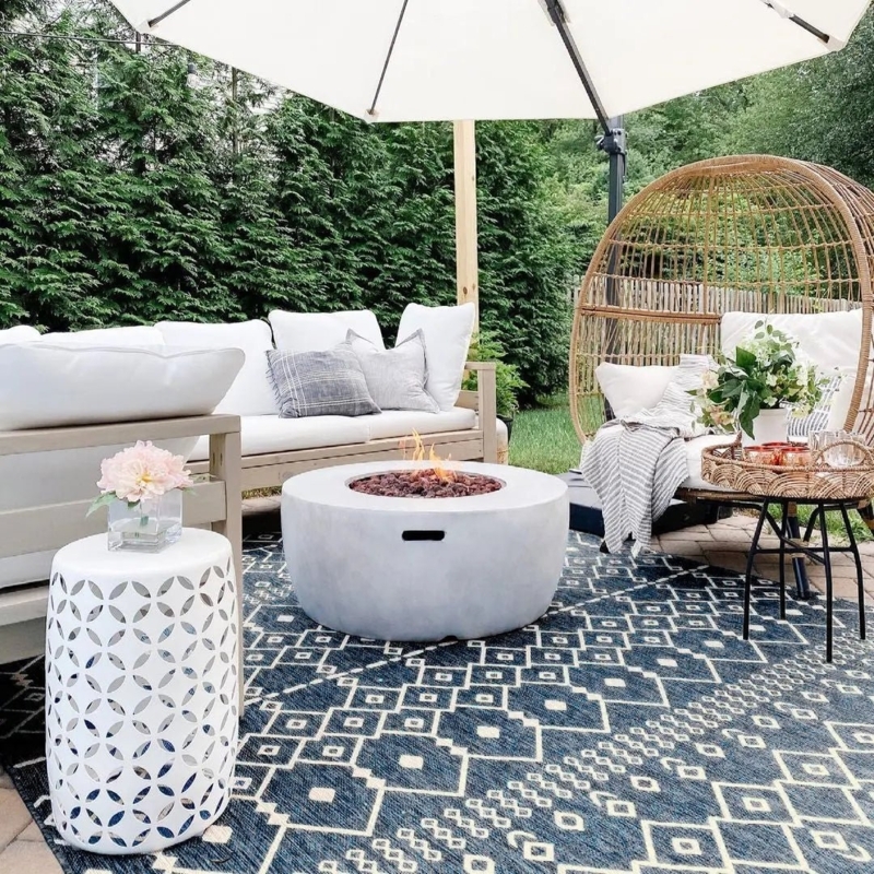 Area Rug, Blue Tribal Geometric Trellis, Low Profile, Modern Farmhouse