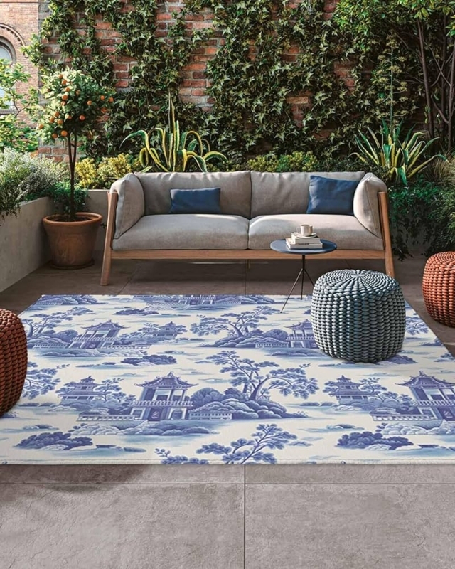 Area Rug Blue Watercolor Chinoiserie Pattern Coastal Deck Decor