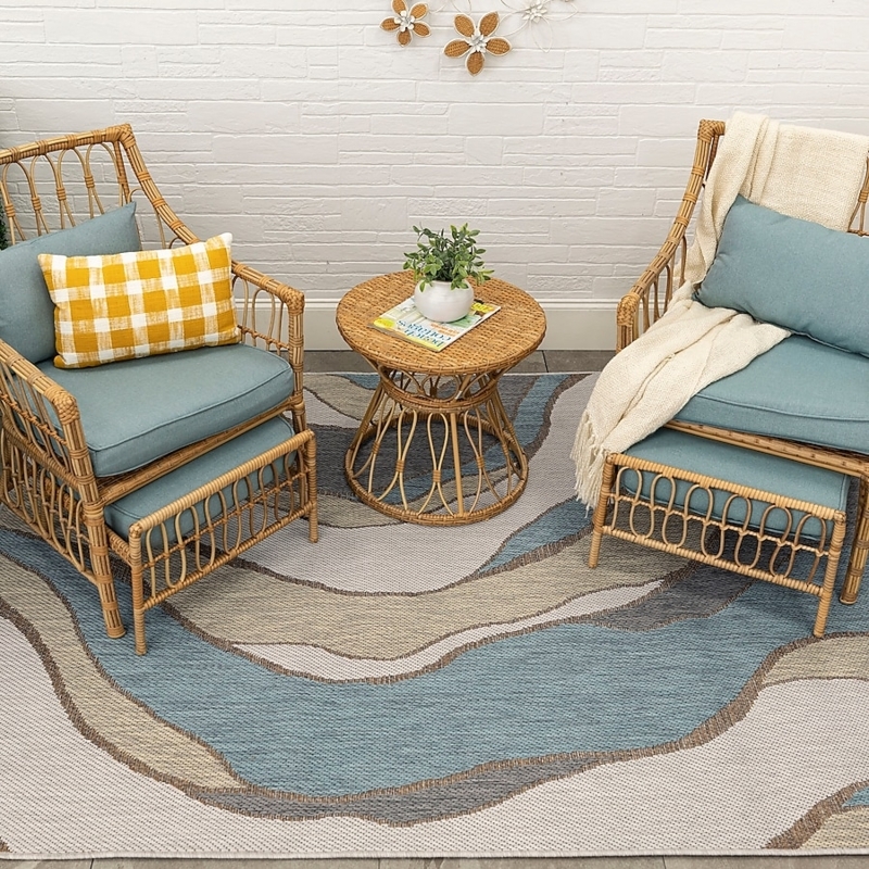 Area Rug Blue Wave Pattern Abstract Low Pile Coastal Deck Decor