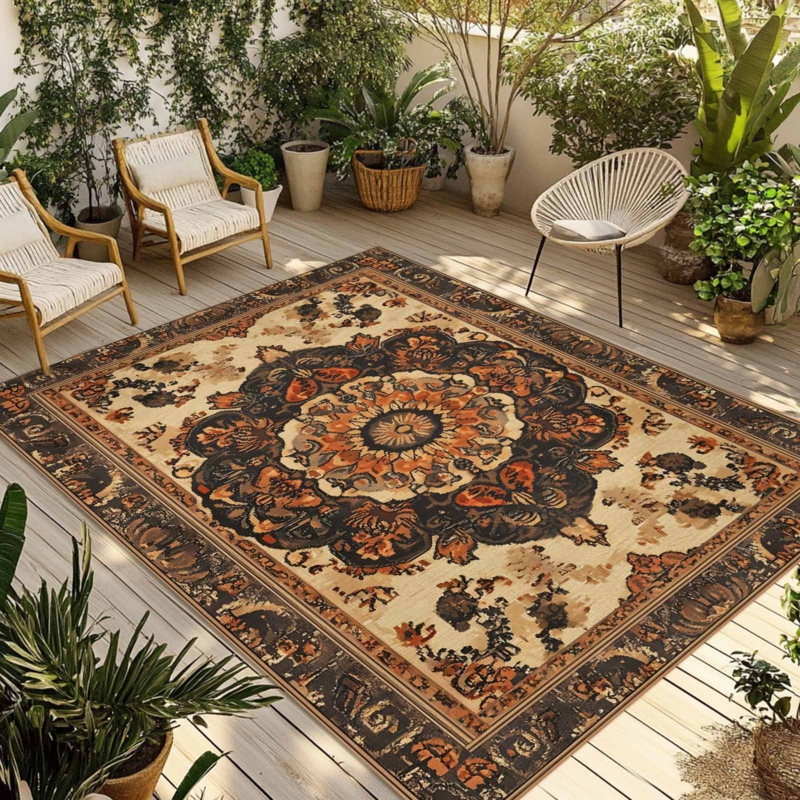 Area Rug Bohemian Distressed Floral Medallion Outdoor Orange Teal