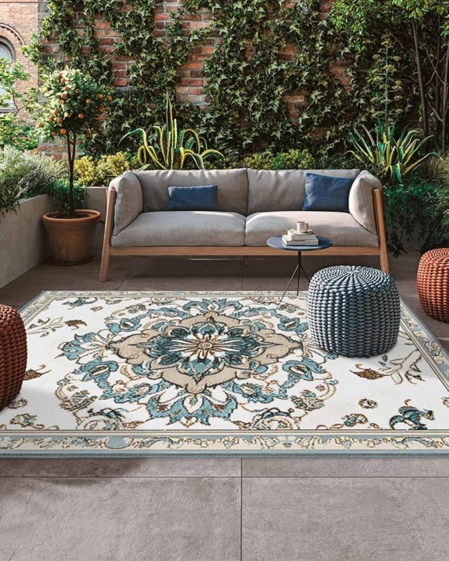 Area Rug Bohemian Retro Floral Medallion Flatweave Outdoor Black Orange