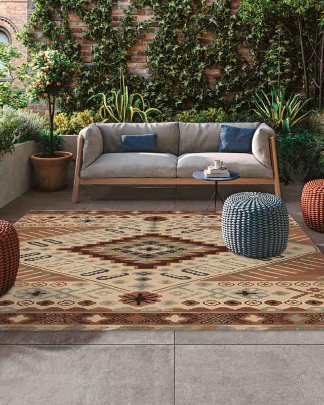 Area Rug Bohemian Tan Geometric Pattern Outdoor Patio