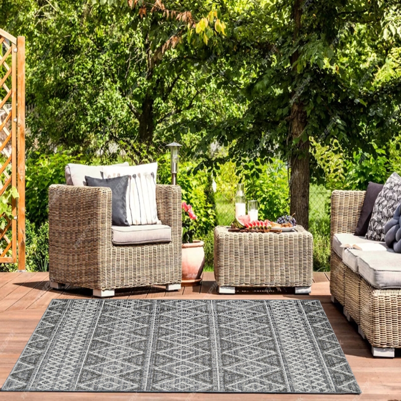 Area Rug: Bold Abstract Geometric Pattern, Black and Gold Flatweave for Deck.