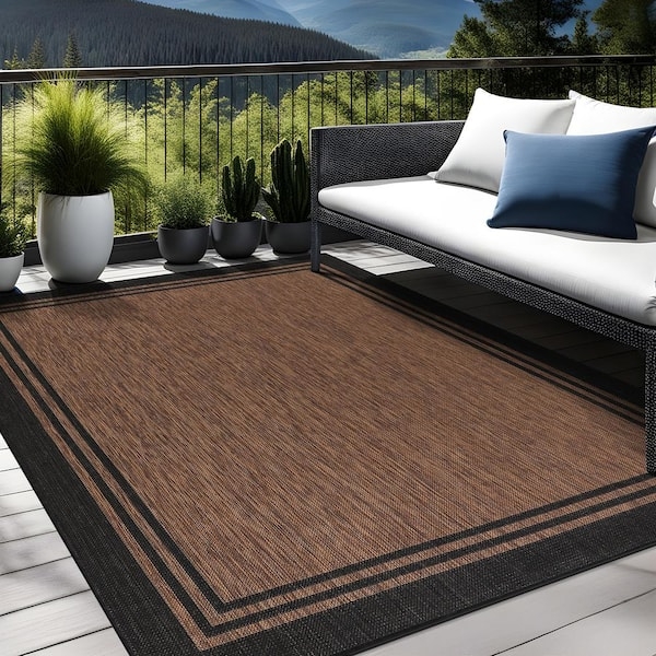 Area Rug Bold Black Border Gold Center Low Pile Synthetic For Deck Decor