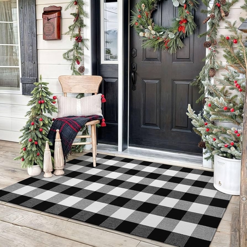 Area Rug Bold Buffalo Plaid Black Woven High Contrast Patio