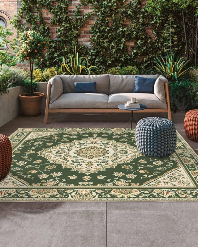 Area Rug Bold Green Colorway Tribal Geometric Motifs Washable Patio