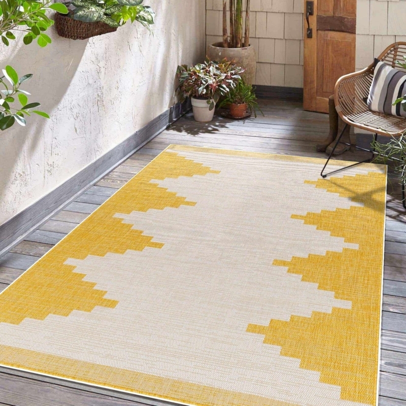 Area Rug Bold Yellow Tribal Geometric Motif Aztec Flatweave
