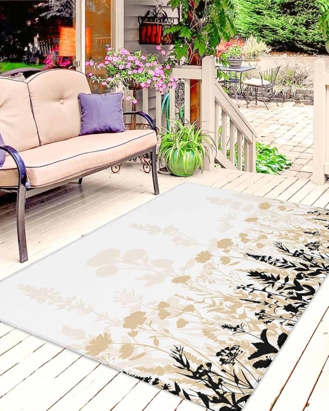 Area Rug: Botanical Floral Motifs with Contrast Border for Deck