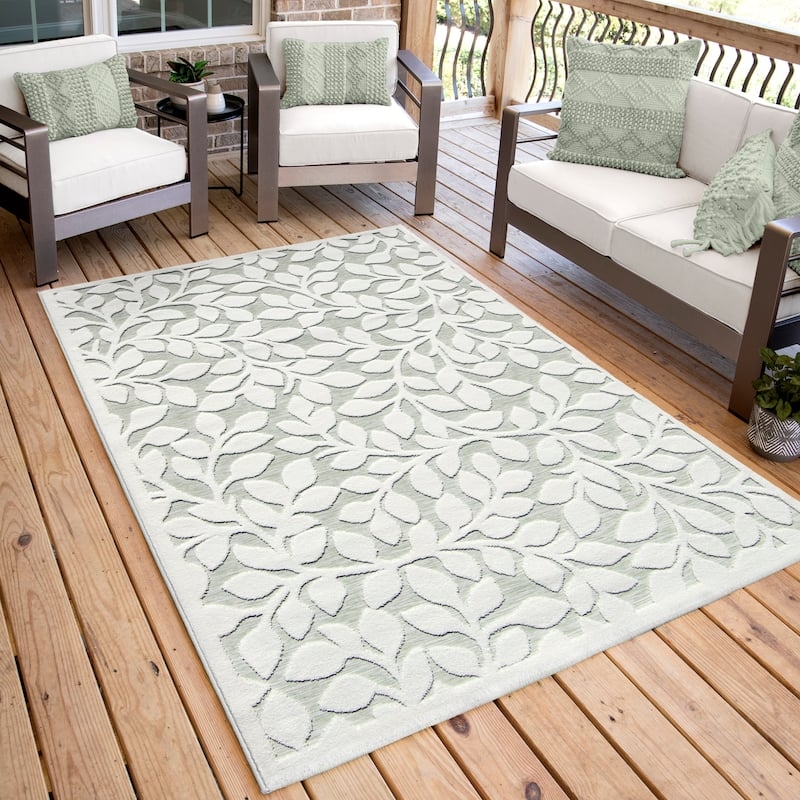 Area Rug Botanical Leaf Motif High-Low Pile Beige Sage Patio