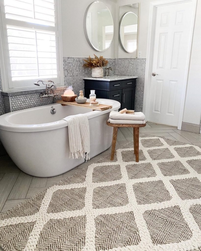 Area Rug: Braided Diamond High-Low Weave, Herringbone Tile Floor