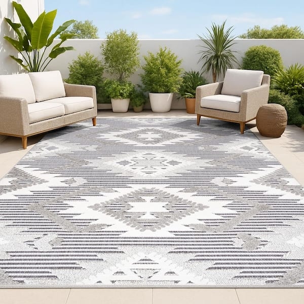 Area Rug Braided Fringe Diamond Kilim High-Low Gray Boho