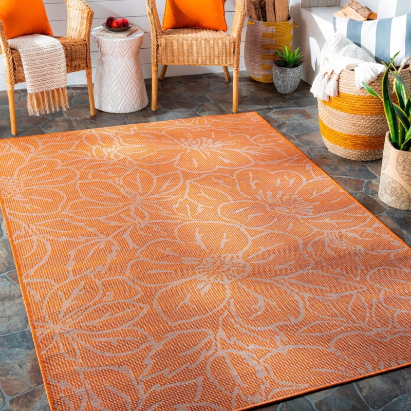 Area Rug Bright Orange Medallion Motif Oriental Border Traditional Patio